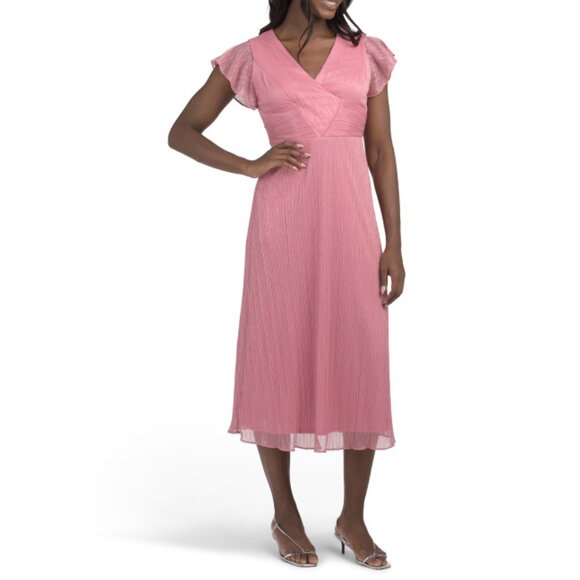 ADRIANNA PAPELL Faded Rose Short Sleeve Satin Midi Dress